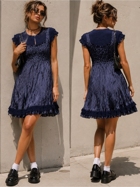 Express Dresses & Skirts - Vintage 90s Expo New York Navy Crinkle Satin Smocked Mini Dress Size L